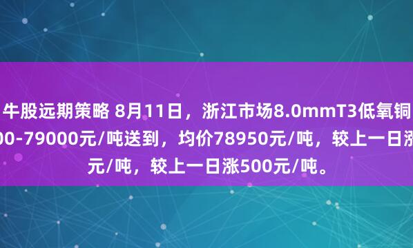 牛股远期策略 8月11日，浙江市场8.0mmT3低氧铜杆报价78900-79000元/吨送到，均价78950元/吨，较上一日涨500元/吨。